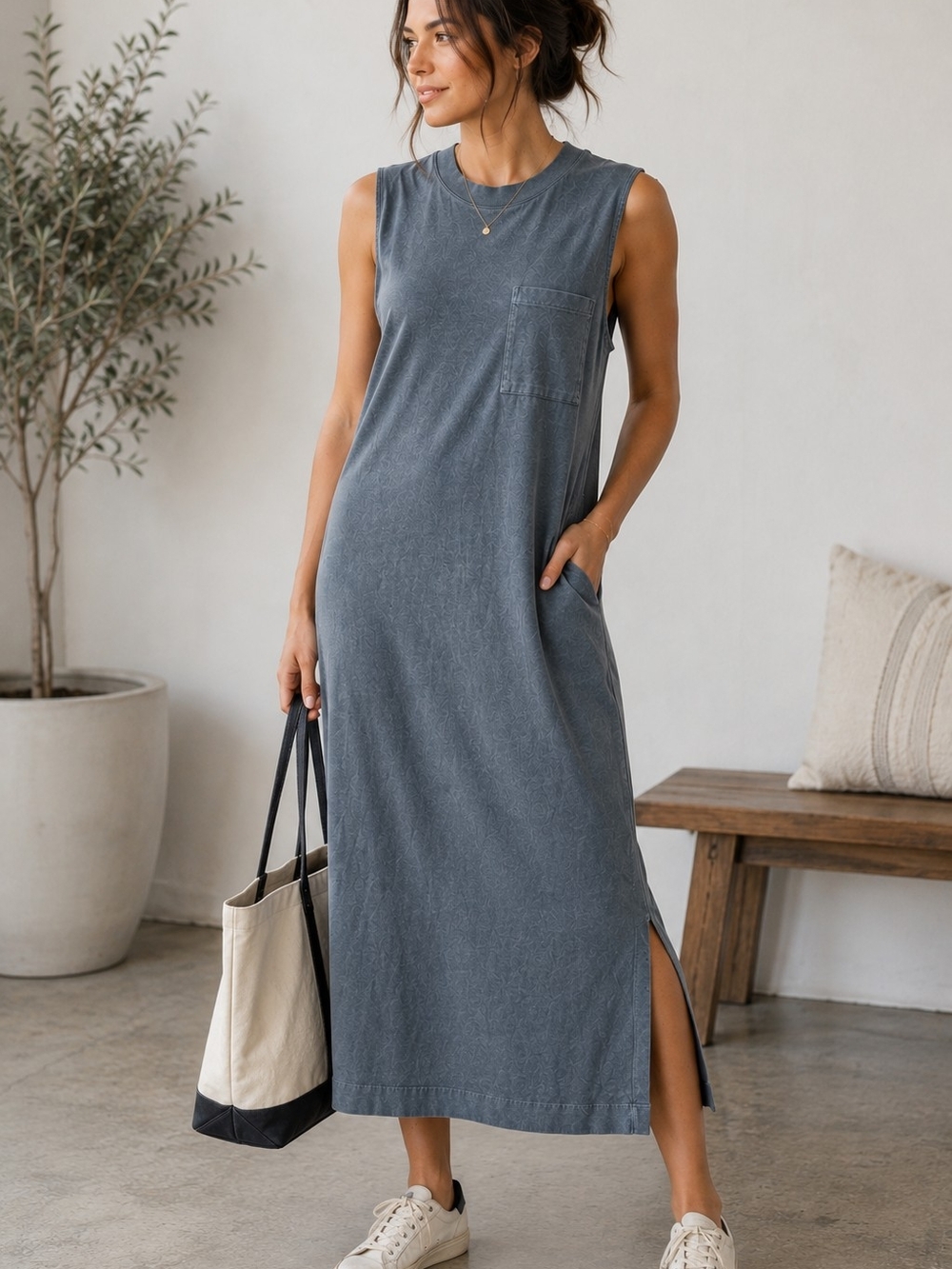 Everlane Dress M Blue Gray Cotton Sleeveless Midi T Shirt Pocket Minimalist